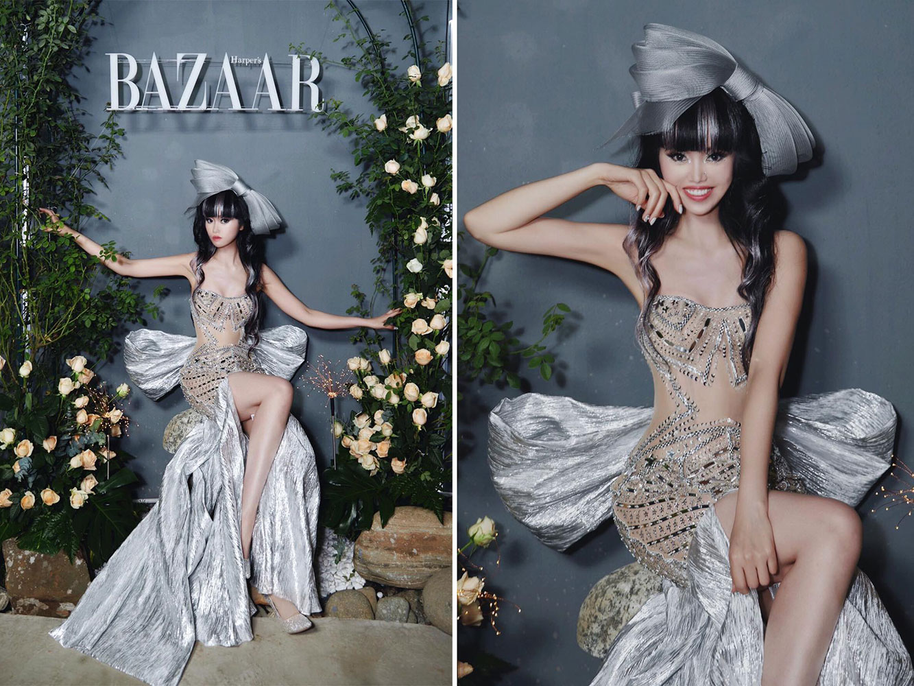 Jessica Minh Anh chơi nổi với mái tóc búp bê highlight bạc tại tiệc Harper's Bazaar