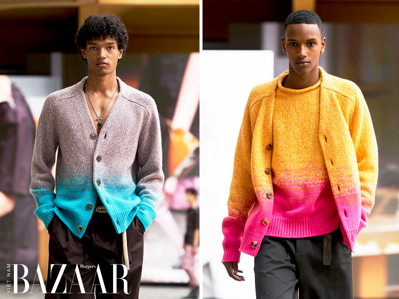 Tinh thần lạc quan bùng nổ trong BST Hermès Men Xuân Hè 2022, thể hiện qua những mẫu áo len cardigan gài cúc dệt ombré – chuyển màu từ cam sang hồng rực rỡ hay từ xám sang xanh ngọc sáng chói.