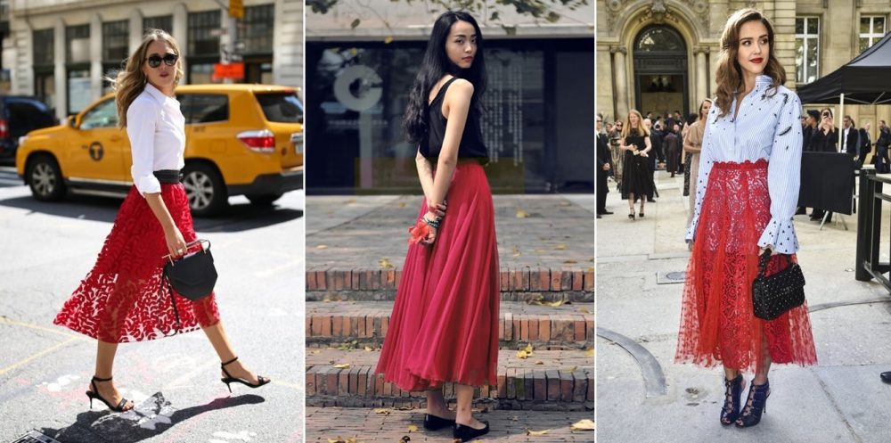 Chân váy đỏ đô kết hợp với áo màu gì?